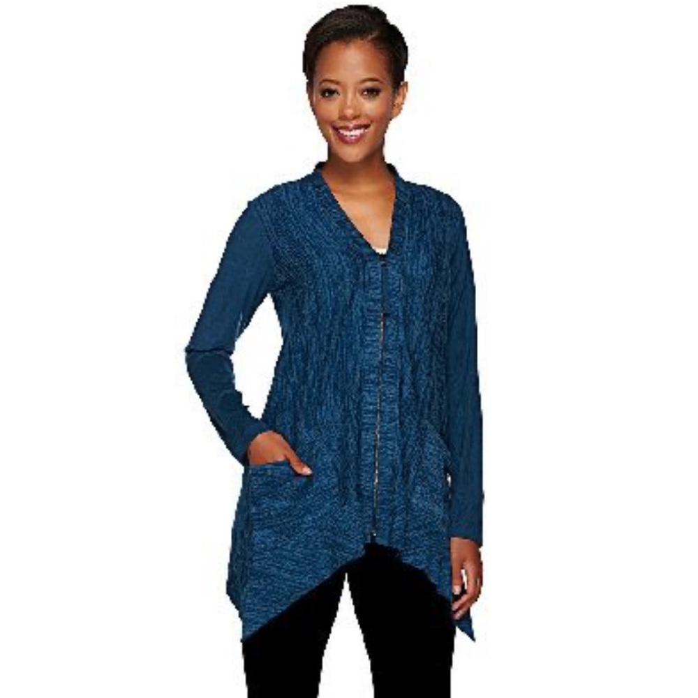 LOGO Lori Goldstein Knit V-neck Zip Front Trapeze Hem Tunic Jacket Front Pockets